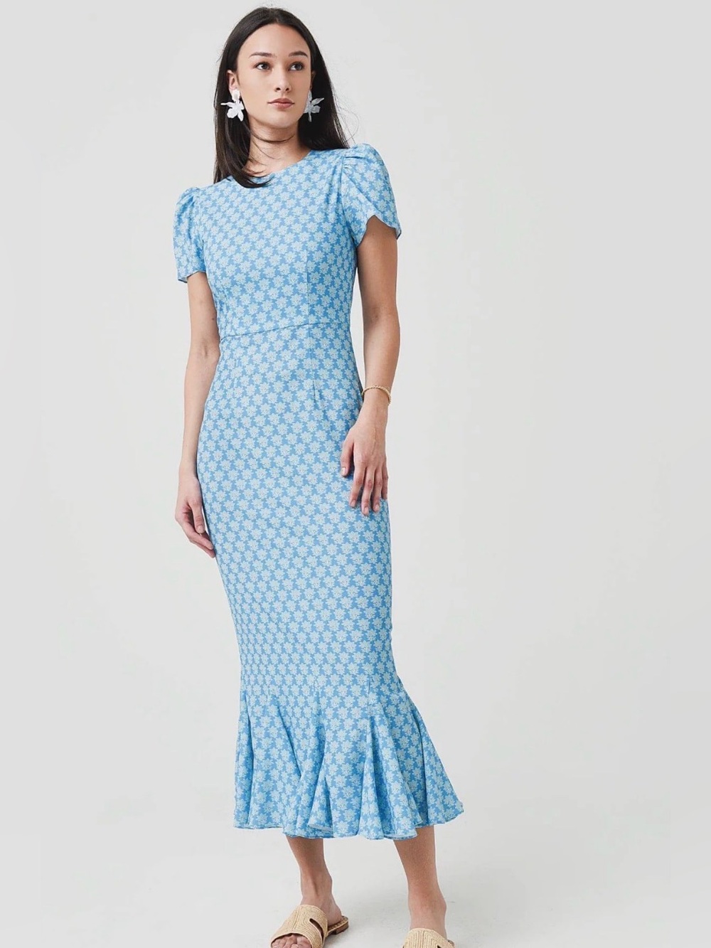 RHODE Lulani Blue Puff-Sleeve Midi Dress